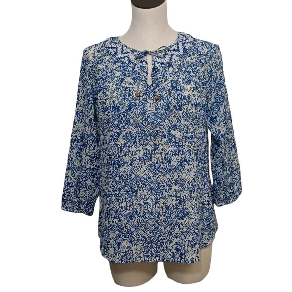 Lucky Brand Top Boho Peasant Blouse‎ Blue White Long Sleeves Womens Medium